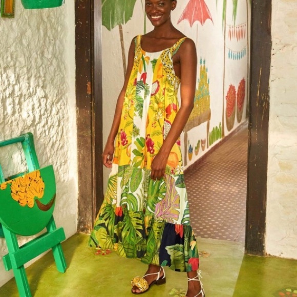 FARM Rio Dresses & Skirts - FARM Rio Mixed Prints Patch Maxi Dress Beaded Straps Tropical Fruit Size XL